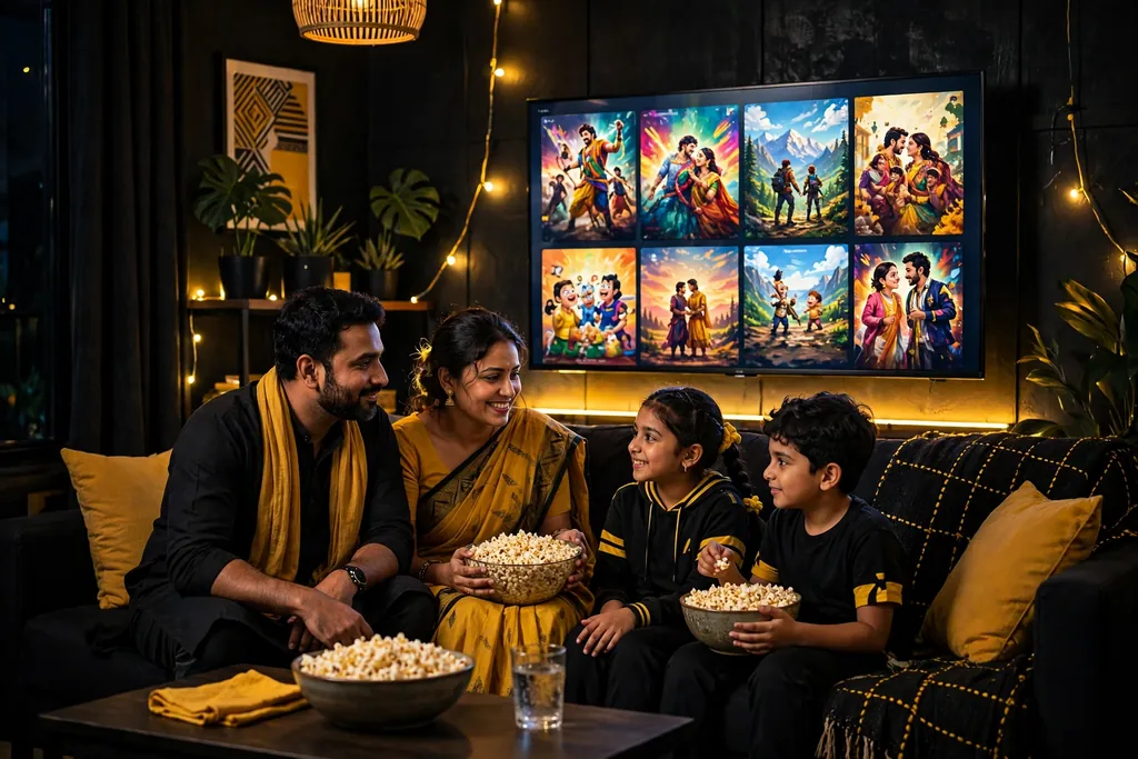 Family watching Telugu movies on Bappam TV at home