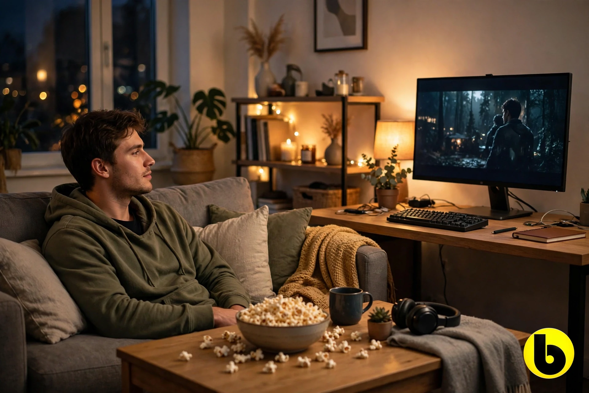 Person watching Telugu movies on Bappam TV for PC in a cozy living room