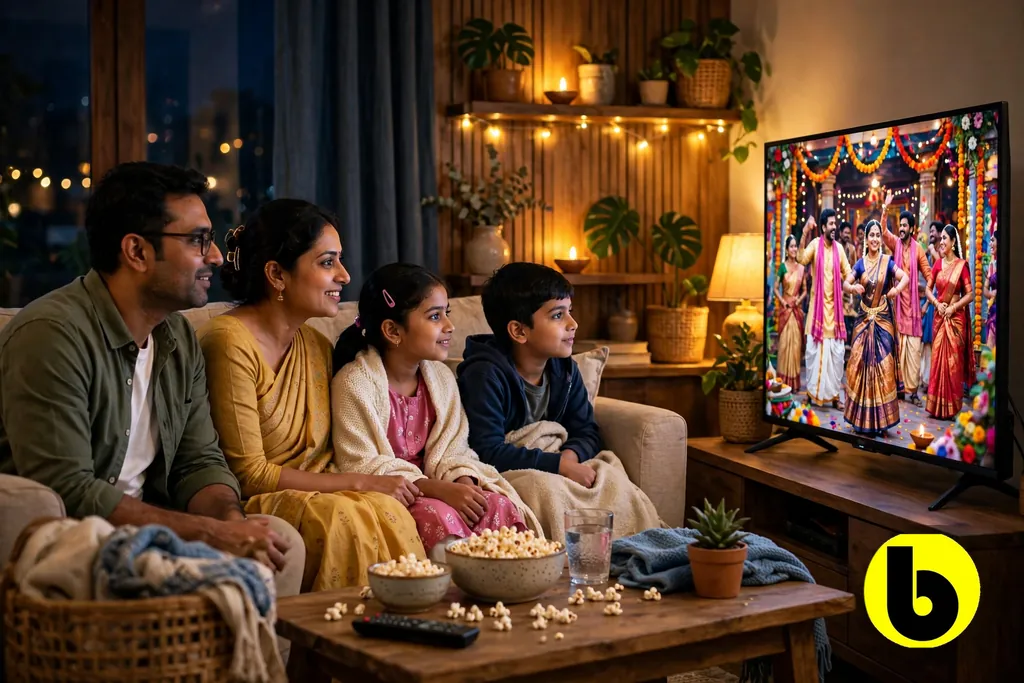 Family watching Telugu movies on Bappam TV at home