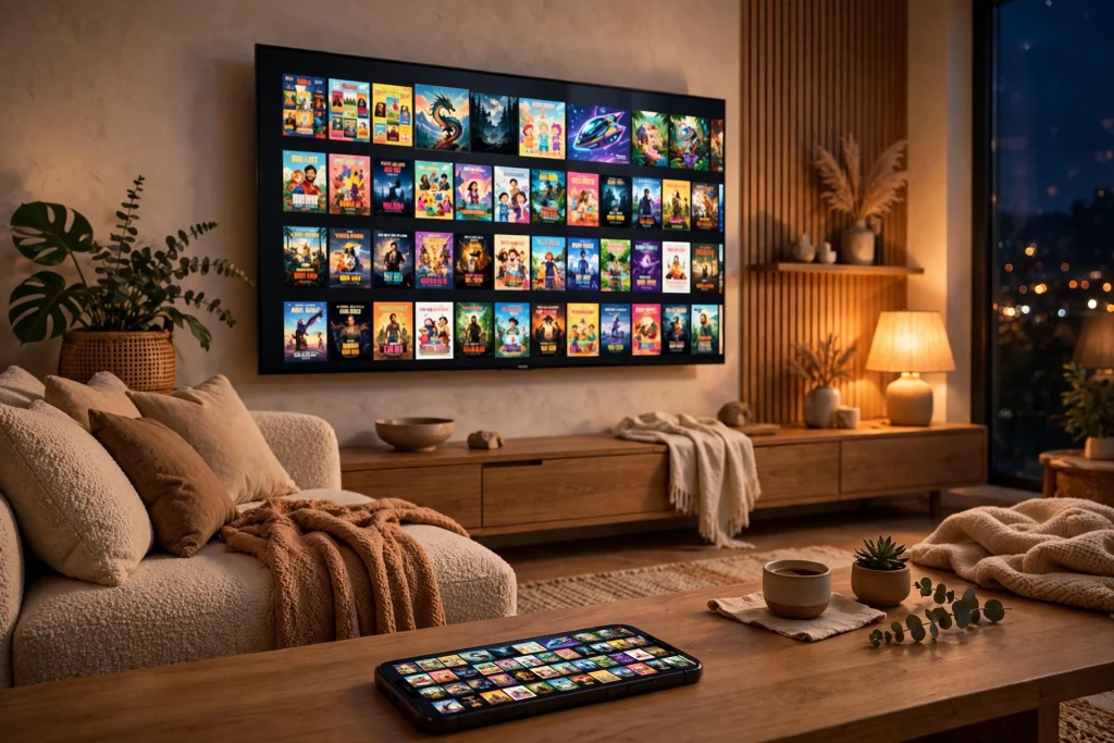 Bappam TV app on Android TV and smartphone in a living room