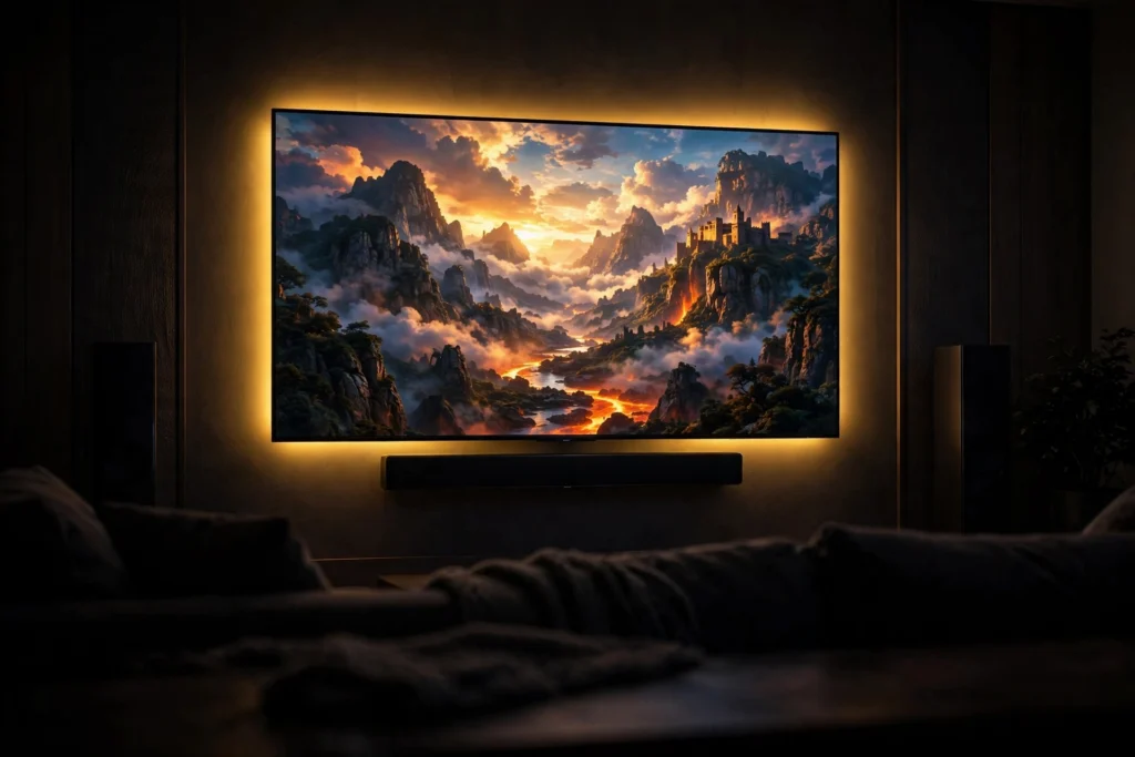 Bappam TV app streaming on a large smart TV in a modern living room
